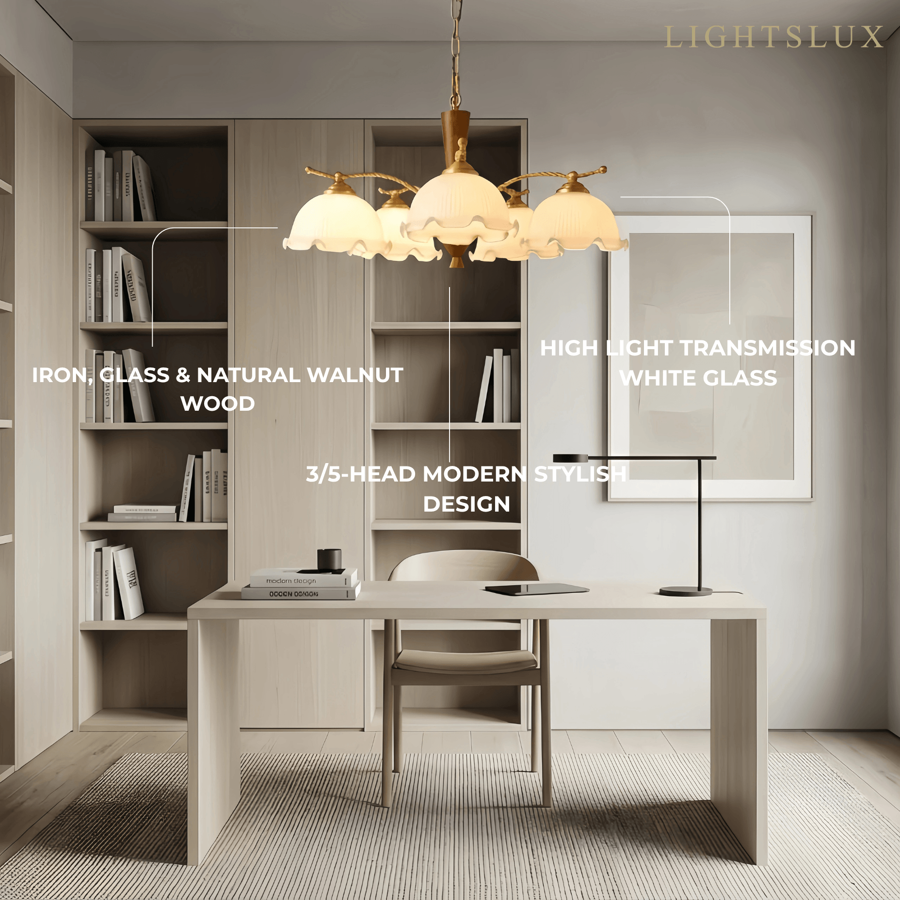 Excelis Iron Glass Walnut Wood Chandelier