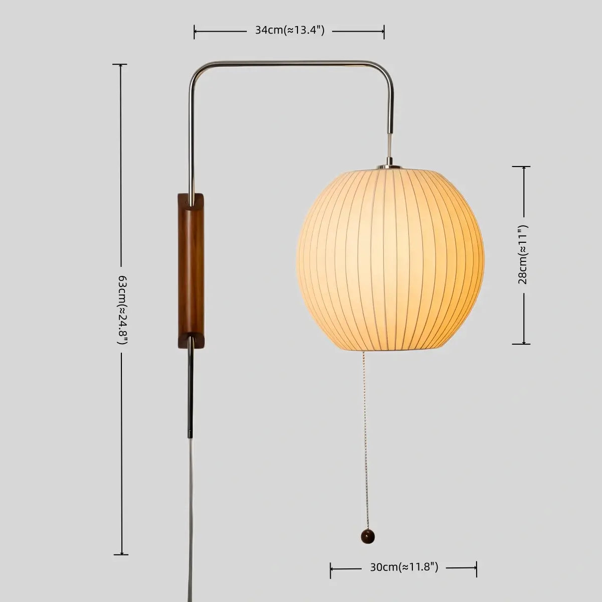 Modern Plug-In Wall Lamp -- Polymer Steel Walnut Metal Chrome & Walnut with White Shade