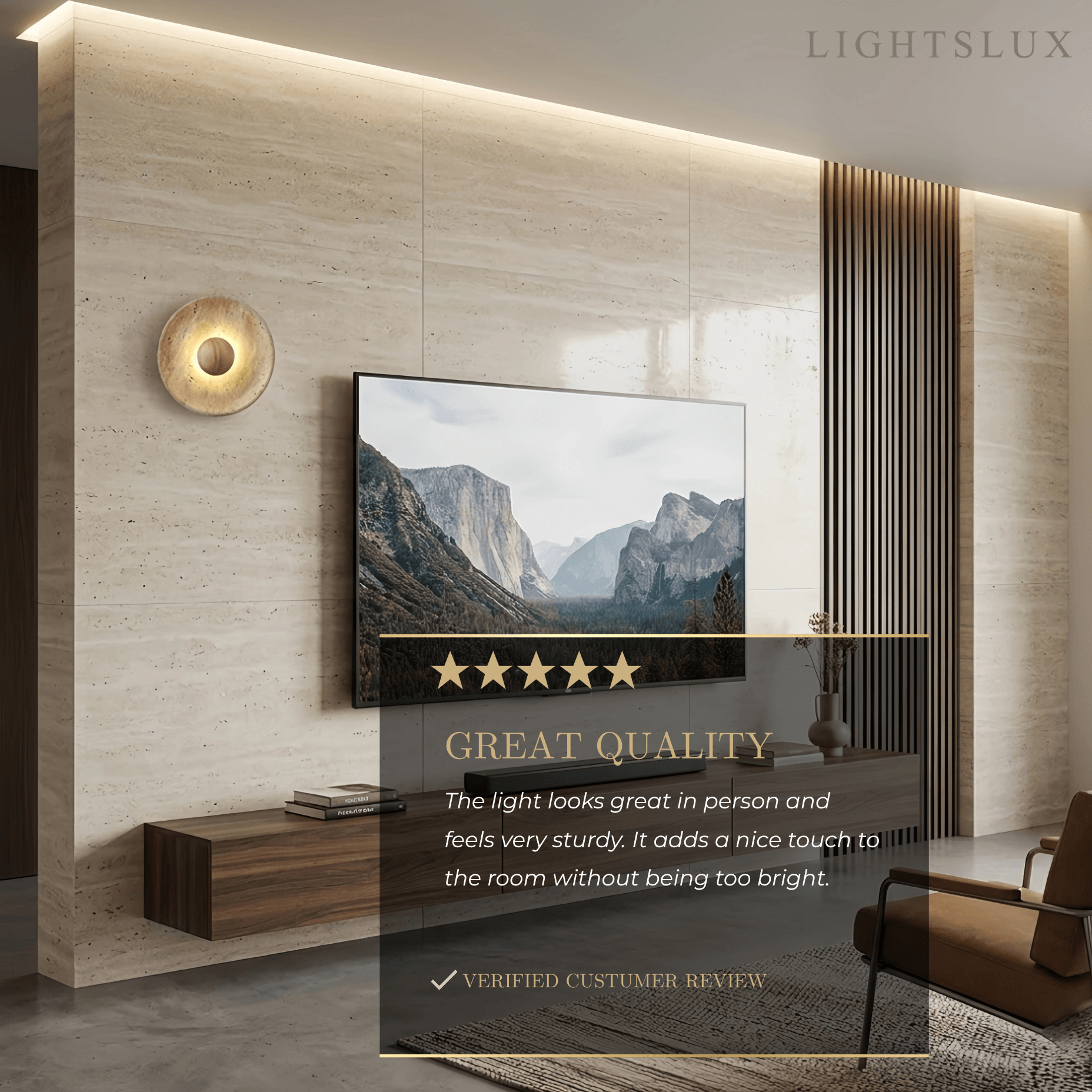 Minimalist Wall Lamp -- Yellow Travertine & Wood