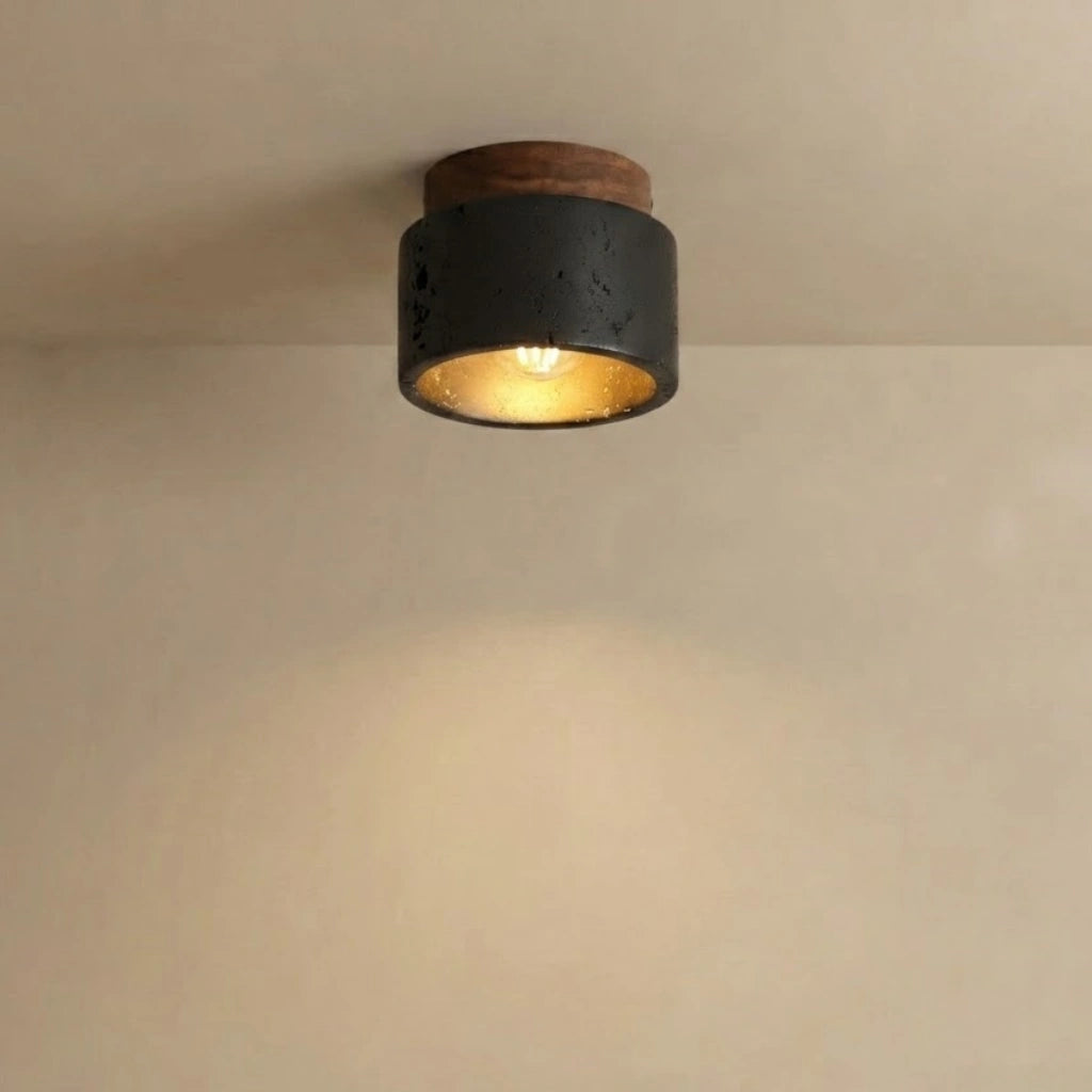 Flush Mount Ceiling Light — Travertine & Wood for Hallway