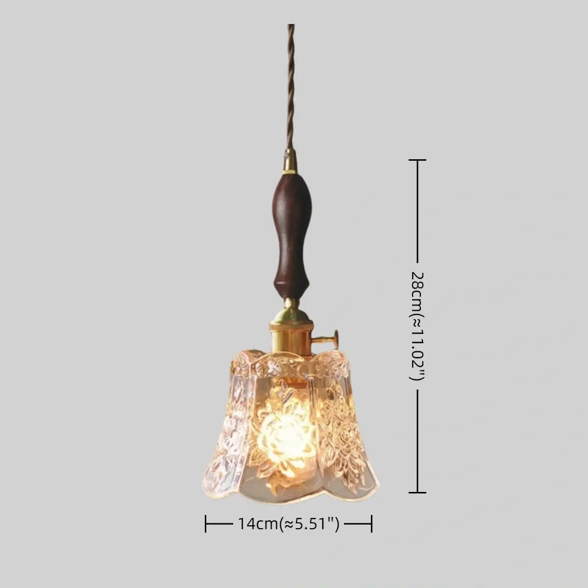 Classic Brass Glass Pendant Light -- Walnut Wood Accent
