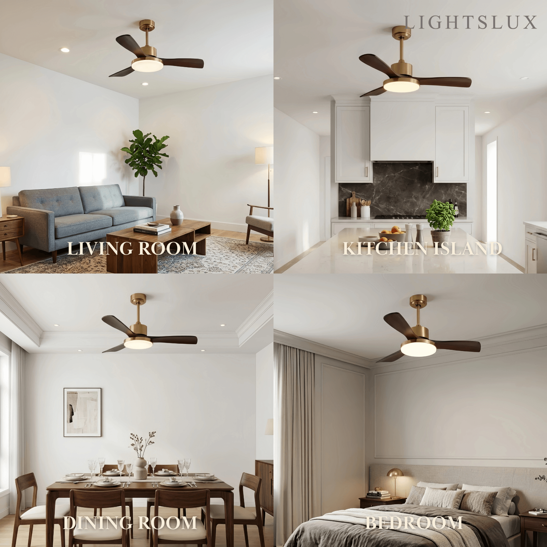 Modern Ceiling Fan Light with LED -- Walnut Wood & Gold