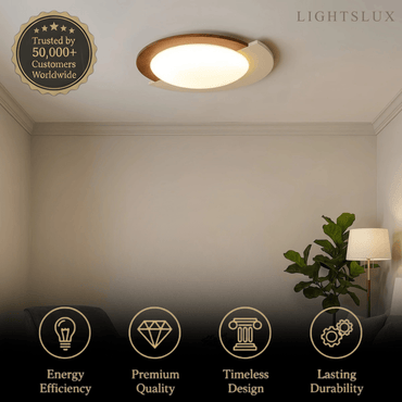 Modern Walnut Round Ceiling Light -- White Metal & Acrylic