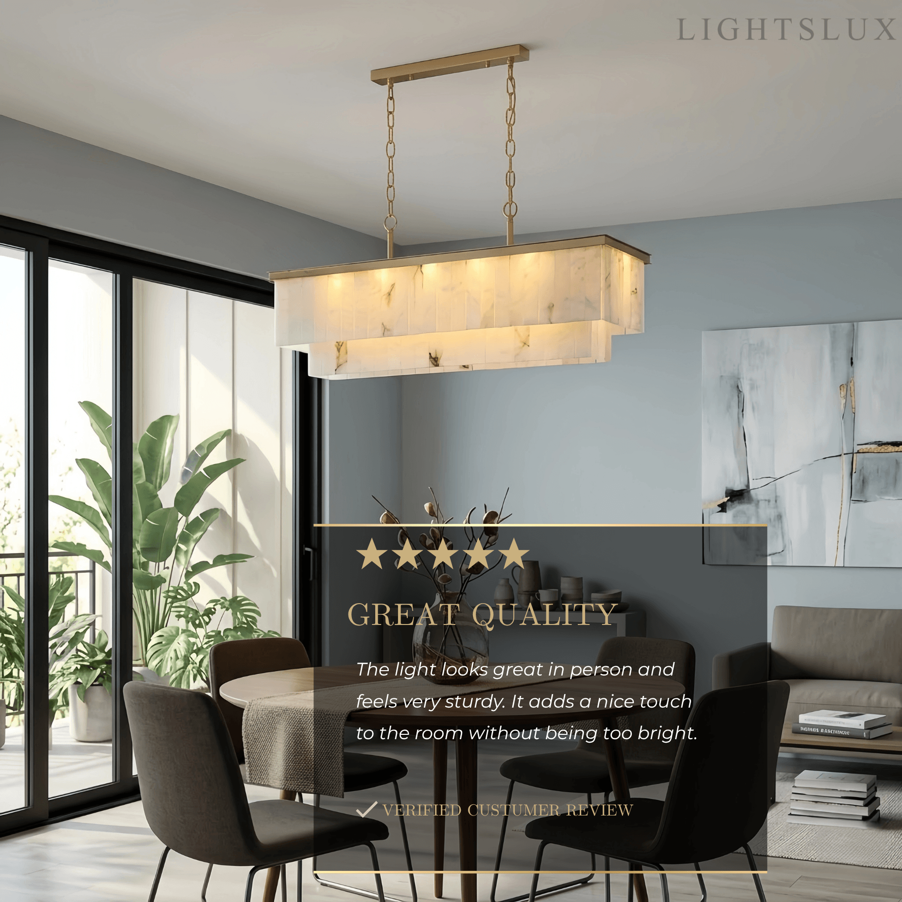 Modern Rectangular Alabaster Chandelier -- Gold
