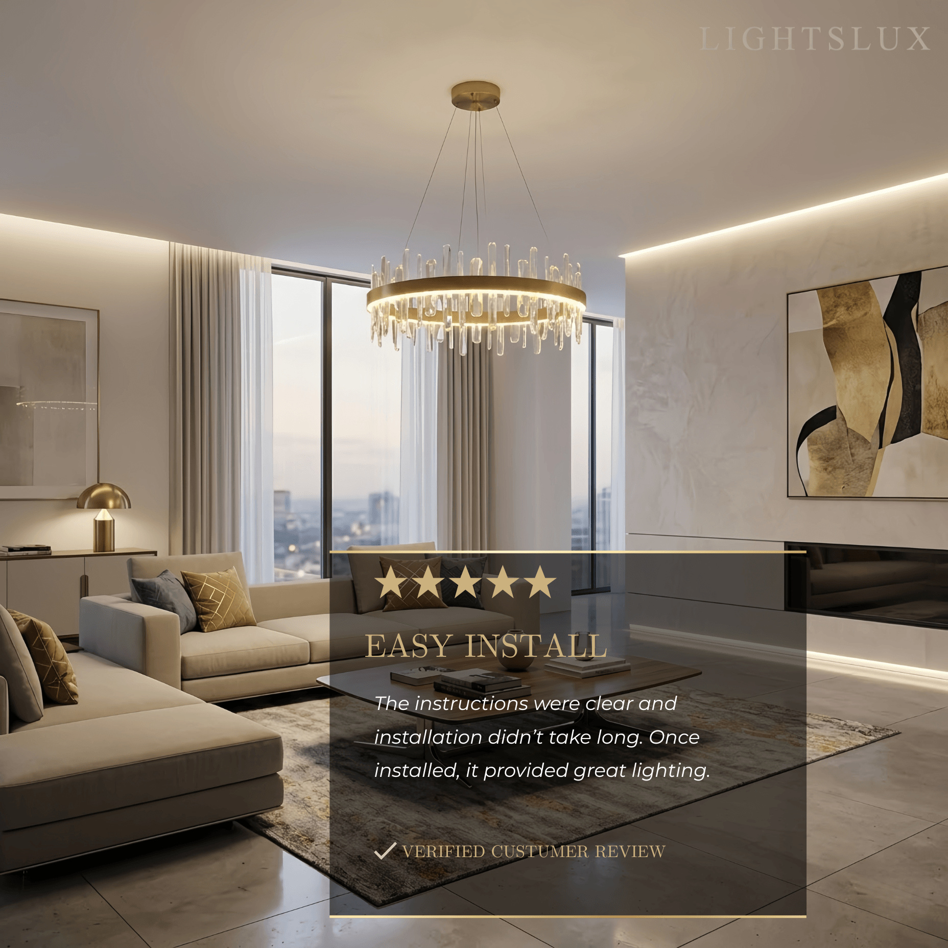 Excelis Luxury Round Crystal Chandelier – Gold Finish for Living Room/Dining Room