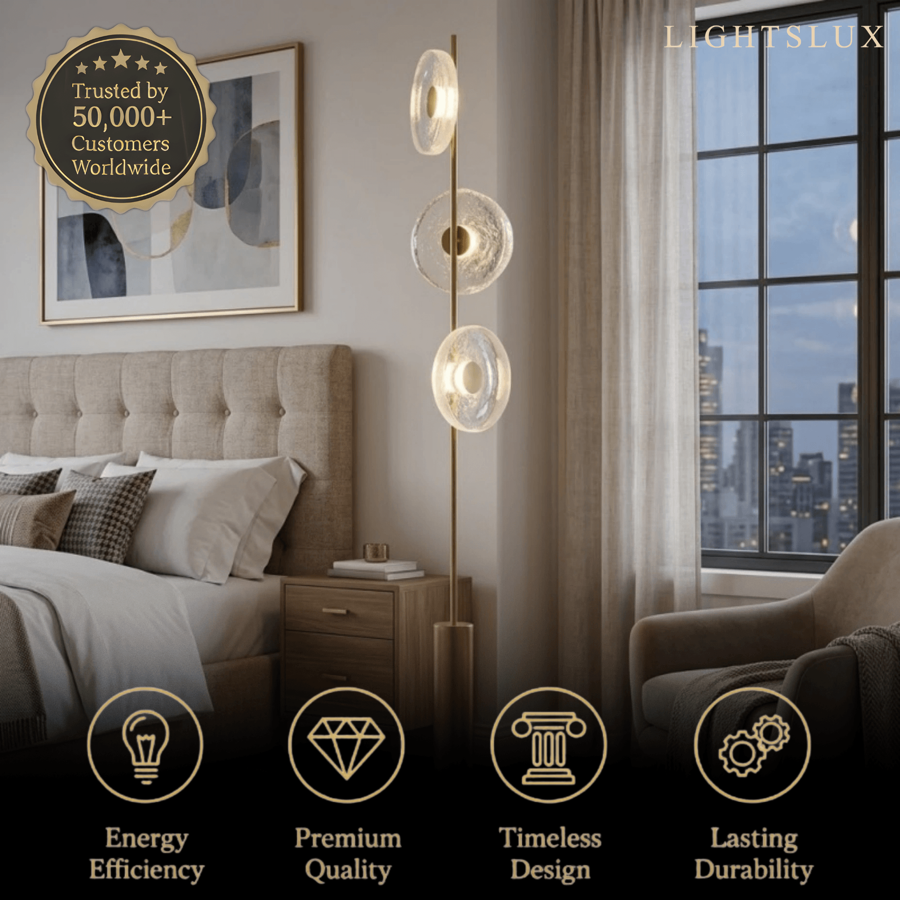 Excelis Luxury Floor Lamp -- Iron and Glass , Amber or Clear Light Color for Living Room Bedroom