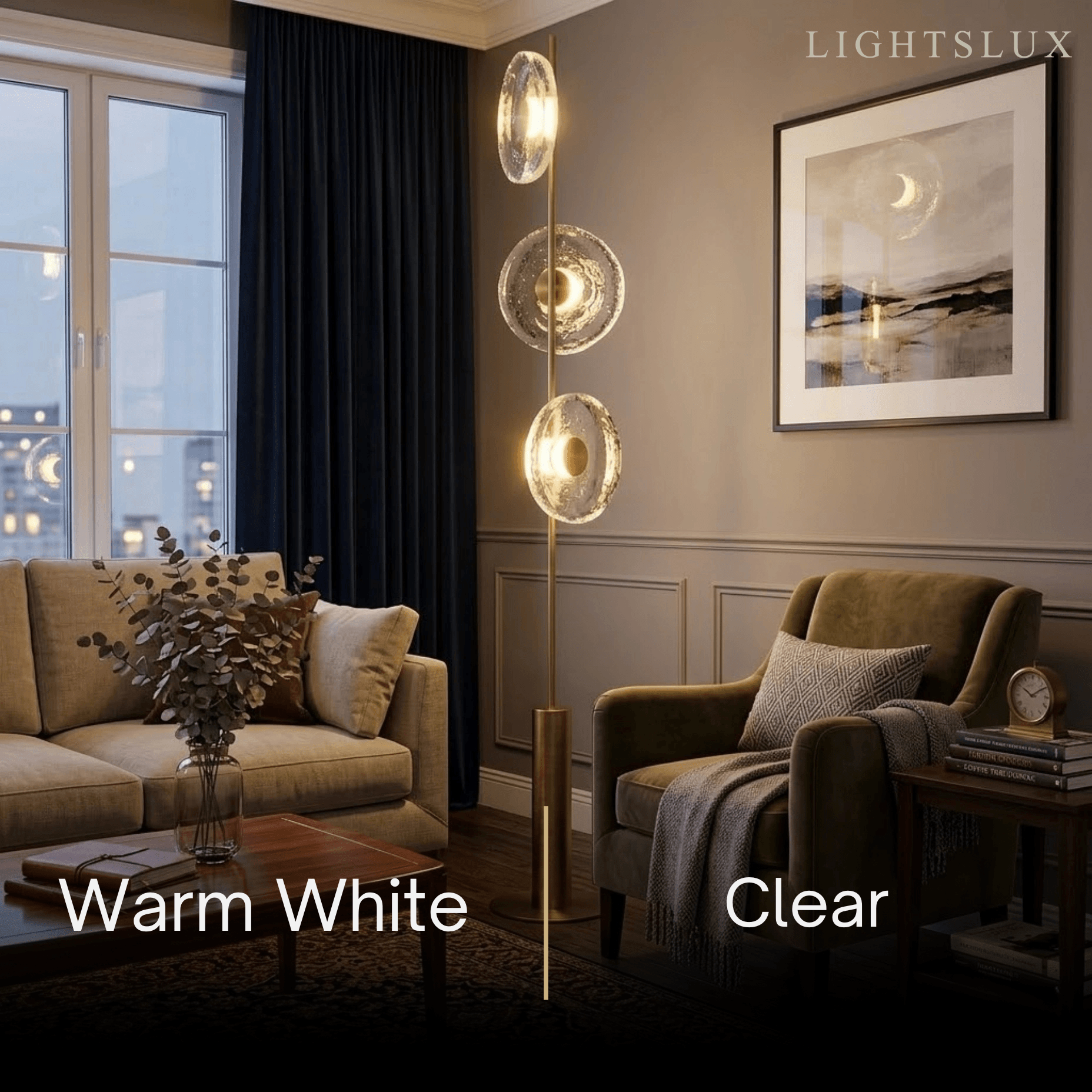 Excelis Luxury Floor Lamp -- Iron and Glass , Amber or Clear Light Color for Living Room Bedroom