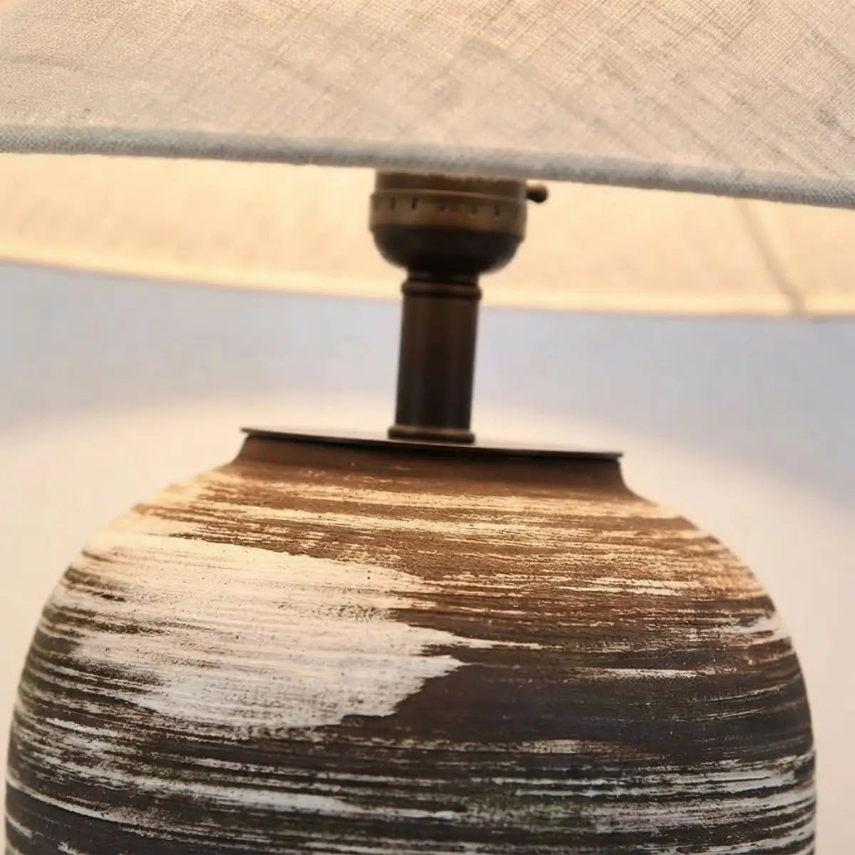 Sandora Wabi-sabi Ceramic Table Lamp -- Fabric Shade Black/Beige for Bedroom Detail