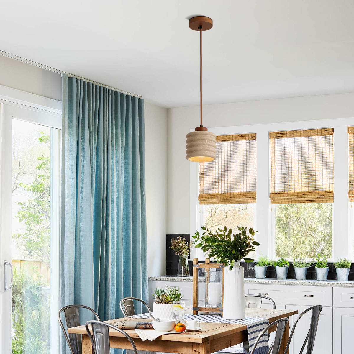 Pendant Light - Travertine & Wood Ceiling Lamp