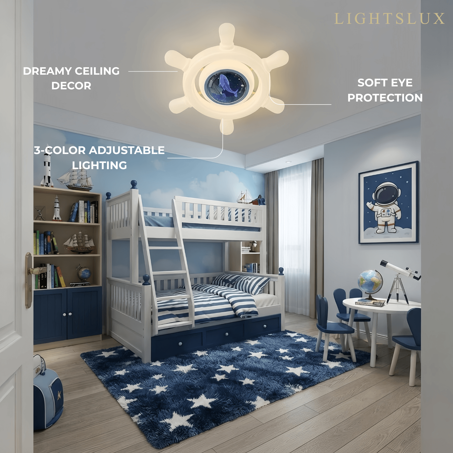 Vivara Art Deco Ship's Helm Ceiling Light -- Iron & PE Dimmable White/Blue for Teenager Bedroom