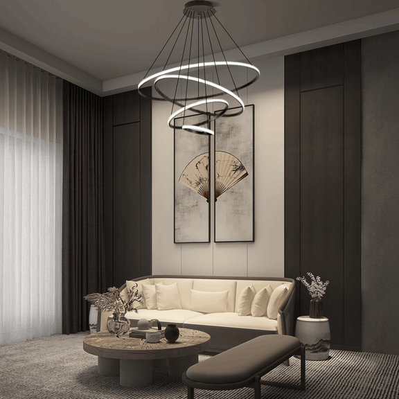 Modern Black Pendant Light 4 Ring Living Room