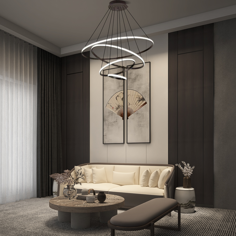 Modern Black Pendant Light 4 Ring Living Room