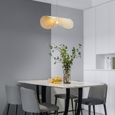 Farmhouse Brown/Beige Pendant Light Metal Rattan Hooded Dining Room