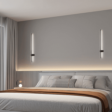 Two Minimalist Led Black Wall Lamp on Bed Back wall