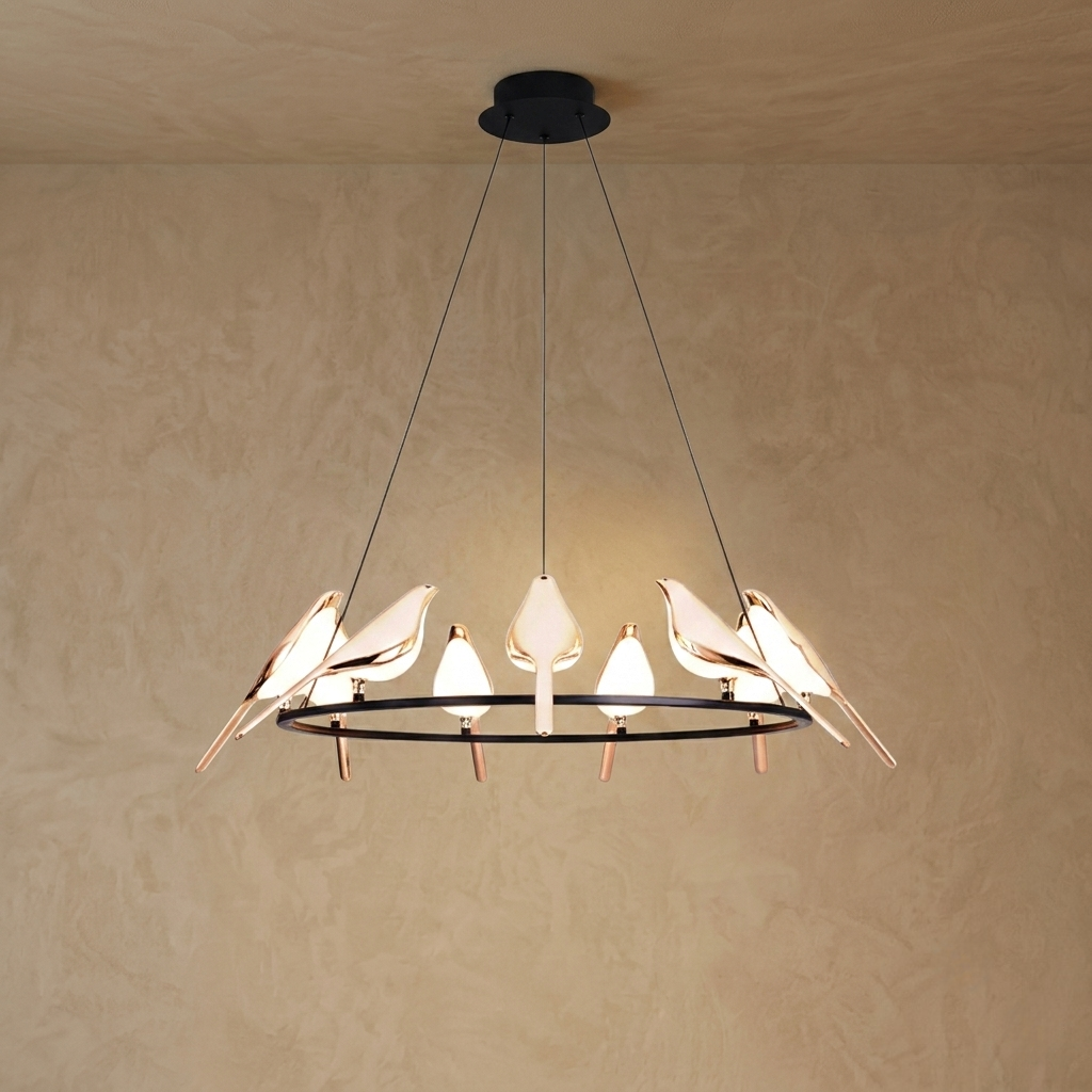 Modern Bird Chandelier – Gold Acrylic Magpie Design for Contemporary Luxury Interiors