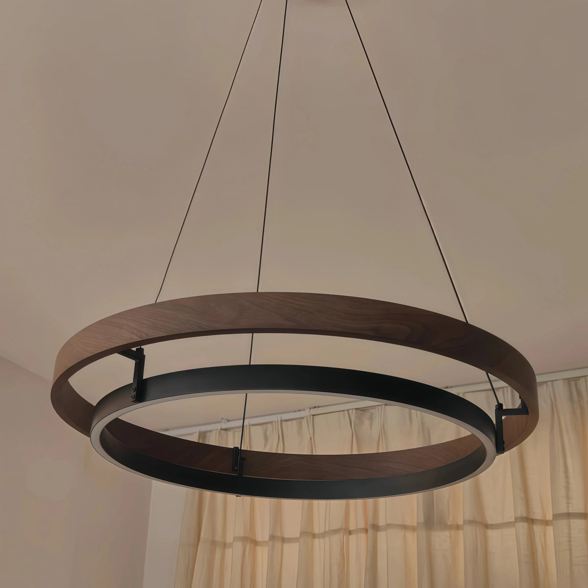 Lámpara de araña moderna Zenno para granja – LED circular de madera y acrílico negro para comedor