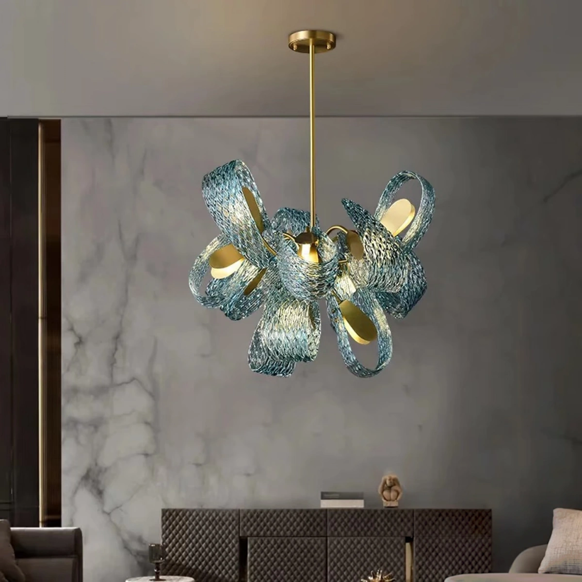 Lámpara de araña Art Decó Pavo Real – Vidrio artístico con plumas azules Contemporáneo para Comedor Dormitorio