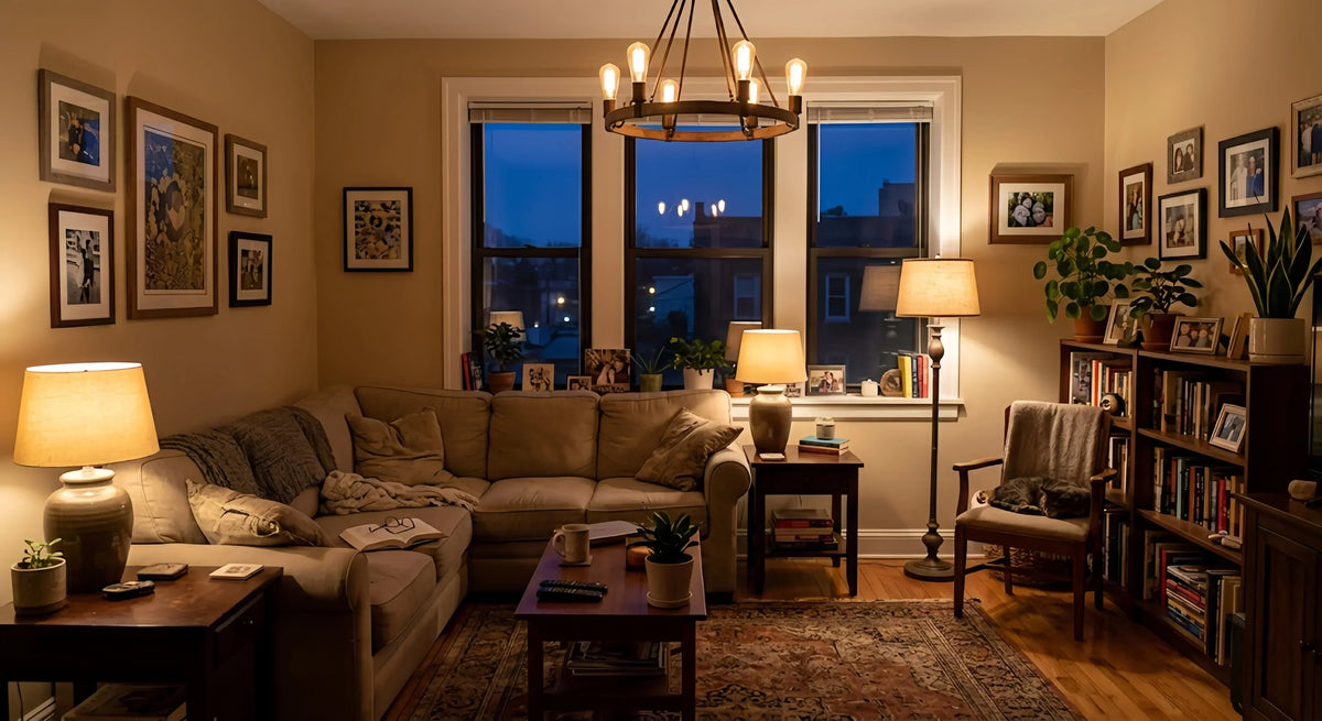 Cozy American-style living room at dusk illuminated by warm chandelier, floor lamp, and table lamps around a comfortable sofa.