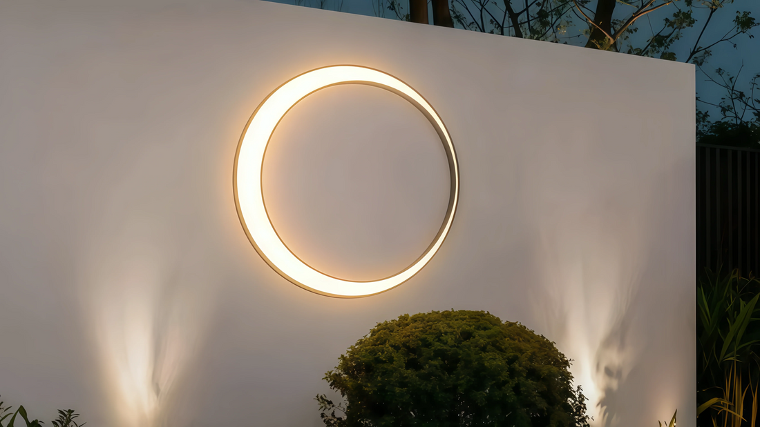 Emerging Outdoor Lighting Trends Shaping 2026 Spaces with a modern circular wall light design.