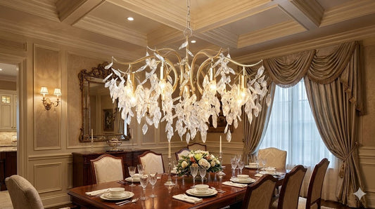 Elegant modern chandelier illuminating a luxurious dining room, showcasing a blend of style in modern vs traditional chandeliers.