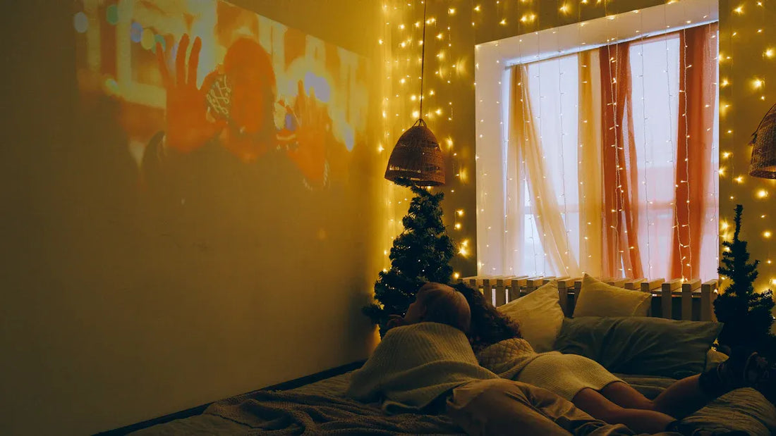 cozy kid's room with best lighting for kid's room 2025 featuring fairy lights and a movie projected on the wall