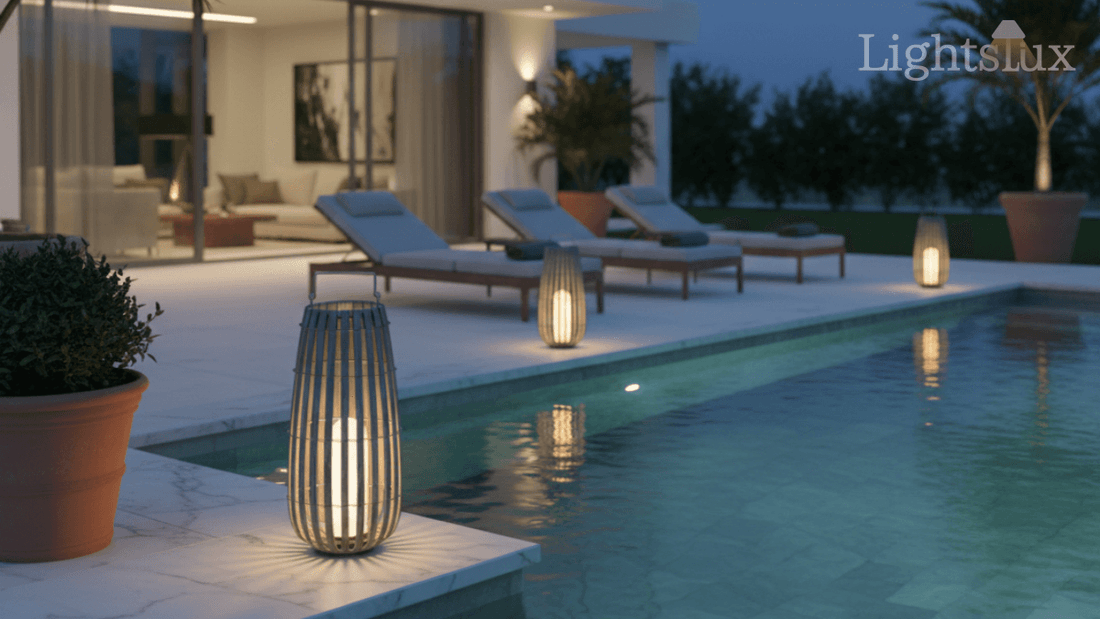 durable affordable LED outdoor lights illuminating a stylish poolside area with lounging chairs at dusk