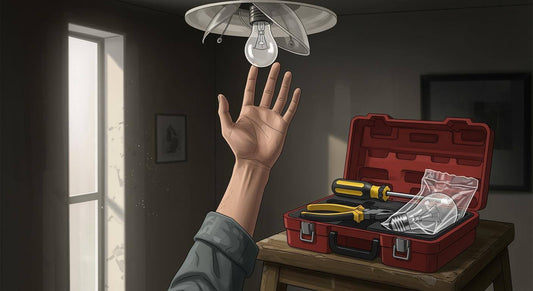 Person reaching for a light bulb while holding tools, illustrating light troubleshooting steps.