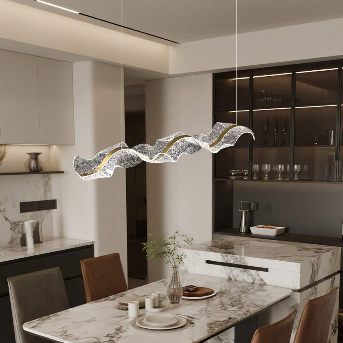 Dining table pendant light height guide with a stylish modern design hanging over a dining table.
