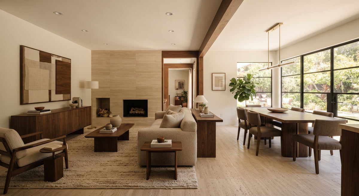 Modern residential renovation with coordinated living and dining room lighting