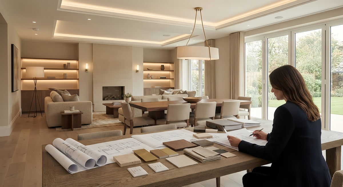 Lighting project planning with layered fixtures in a contemporary interior