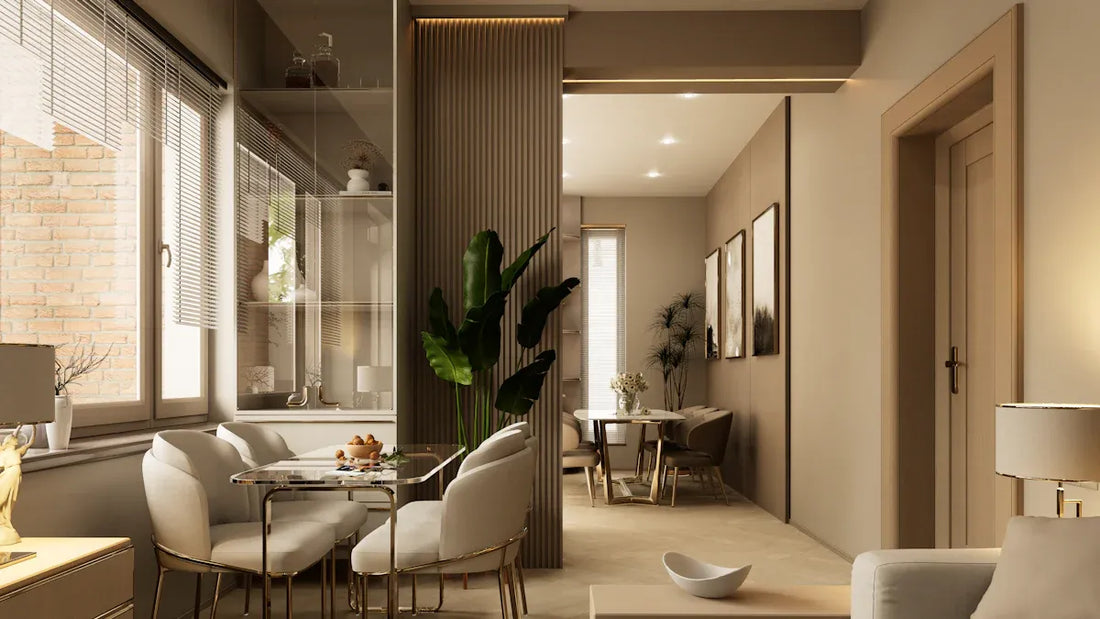 Stylish interior design highlighting the best lighting for new house, featuring dining area and modern decor.
