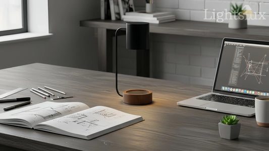 Modern desk lamp buying guide featuring a stylish black lamp on a minimalist desk with sketches and a laptop.
