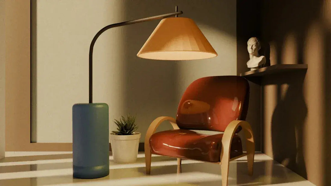 A stylish modern floor lamp beside a unique chair in a cozy interior, showcasing the best modern floor lamps 2025.