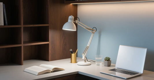 A well-lit home office setup demonstrating the whole-house lighting guide with a desk lamp and laptop.