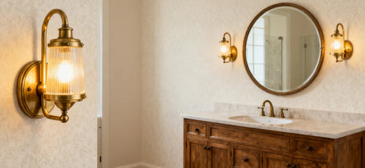 Bathroom vanity lights guide featuring stylish wall sconces illuminating a wooden vanity and round mirror.