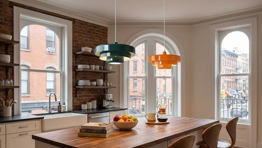 modern kitchen with colorful pendant lights and a wooden island to help you choose perfect kitchen island