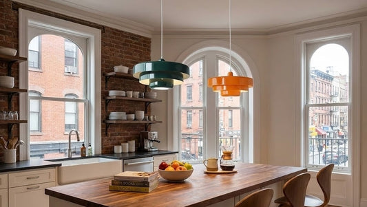 modern kitchen with colorful pendant lights and a wooden island to help you choose perfect kitchen island