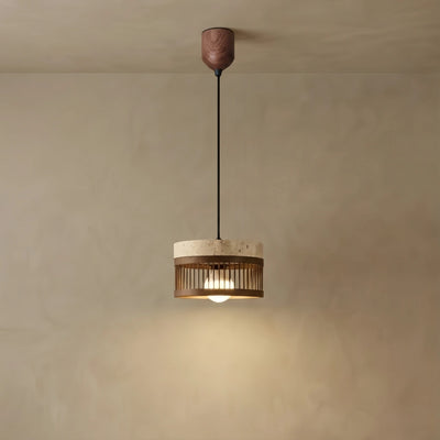 Strata Wabi-sabi Pendant Light --Travertine & Solid Wood Brown for Dining Room