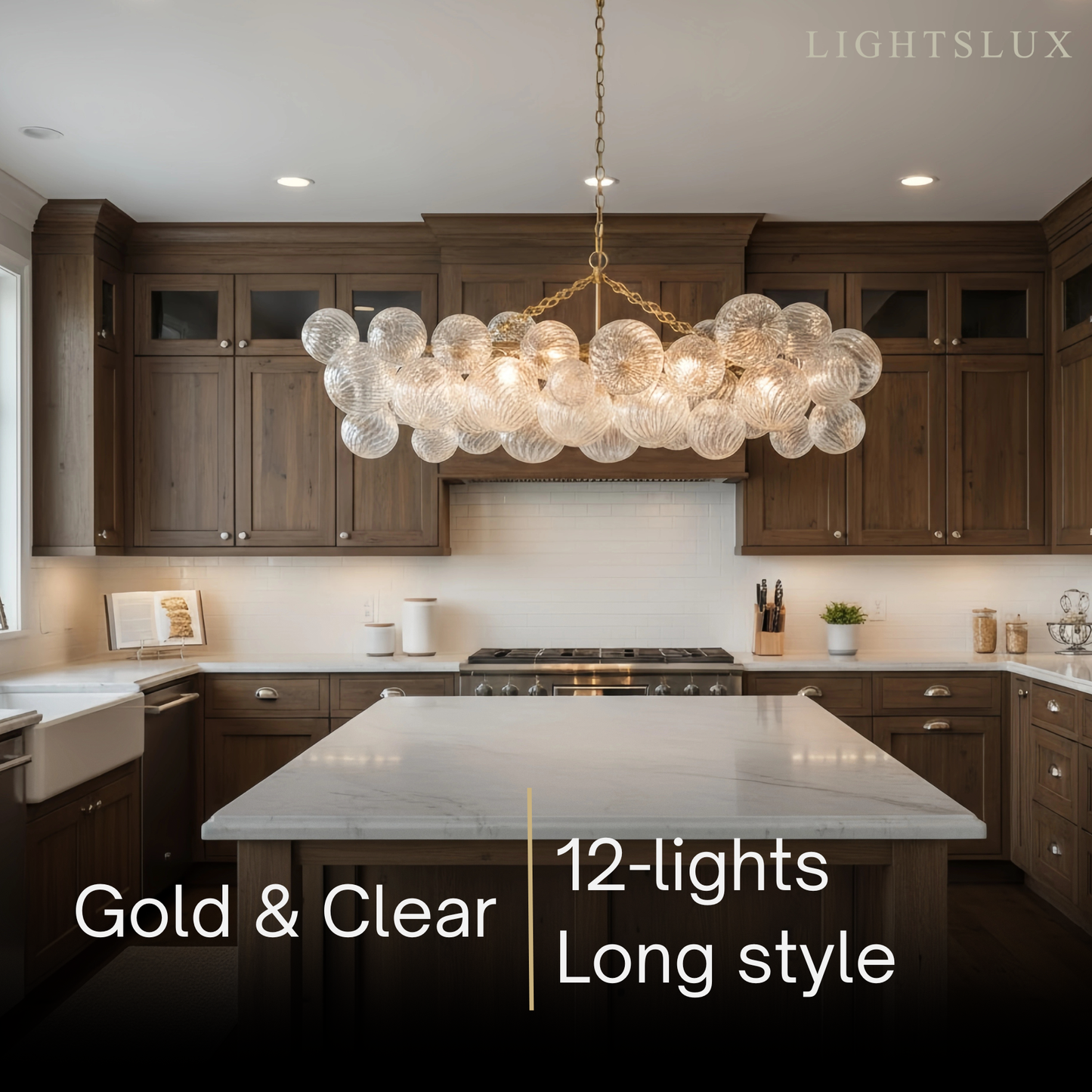 Modern Chandelier – Bubble Etched Glass Golden Chains Artistic for Dining Room/Entryway