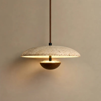 Lámpara Colgante Minimalista Strata – Travertino y Metal, Color Nogal/Madera para Interiores