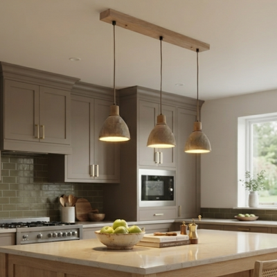 Strata Modern Organic Pendant Light — Travertine Stone & Wood Kitchen Island Lighting