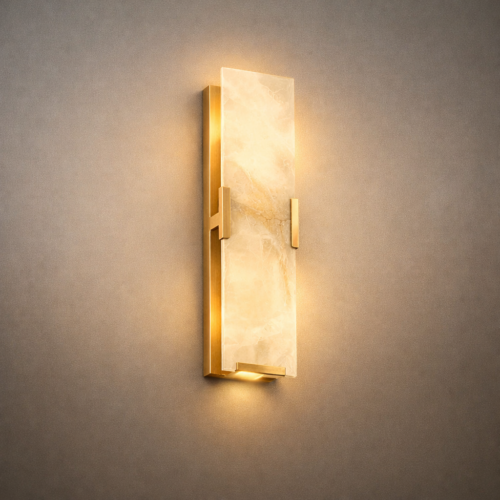 Modern Faceted Alabaster Wall Sconce – Brushed Gold Stainless Steel Backplate Indoor