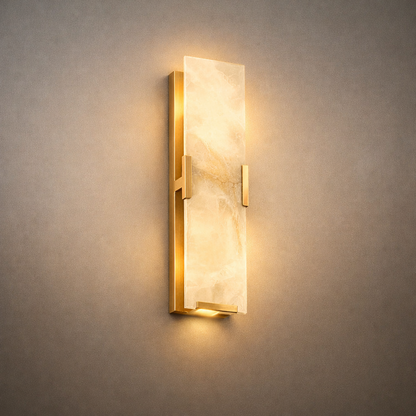 Modern Faceted Alabaster Wall Sconce – Brushed Gold Stainless Steel Backplate Indoor