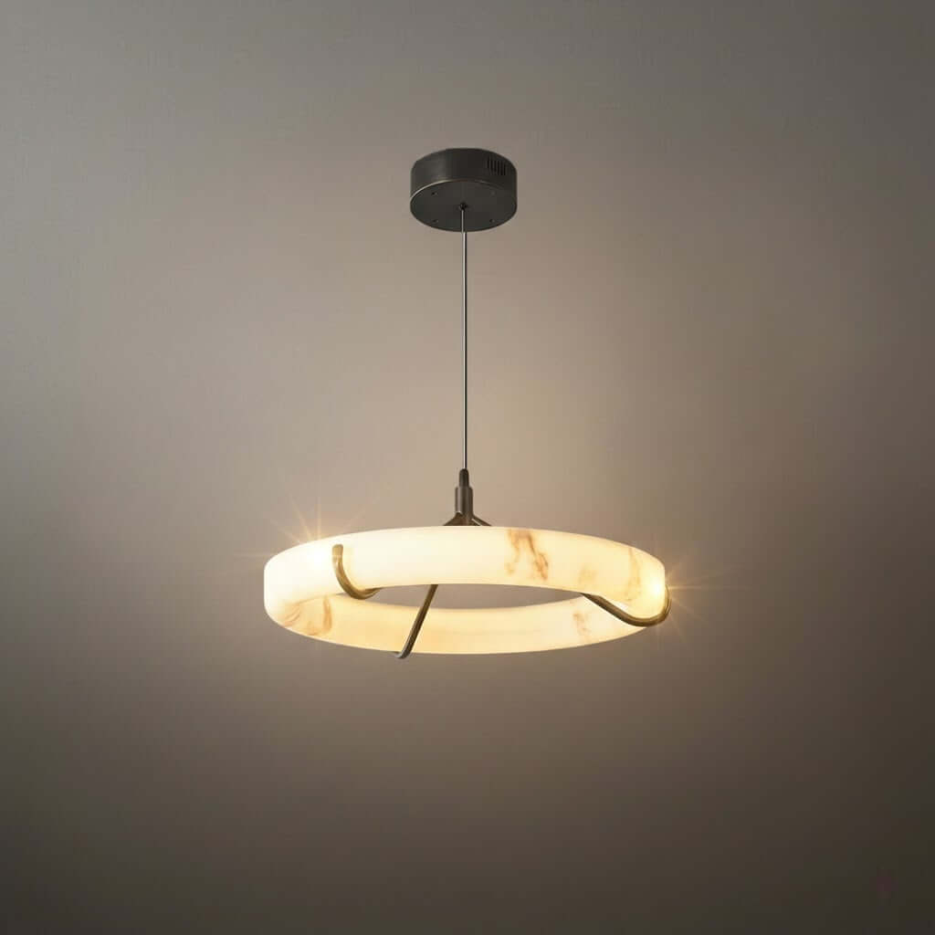 Modern Alabaster Ring Pendant Lamp — Hand-Carved Stone & Black Metal for Dining Room