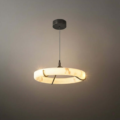 Modern Alabaster Ring Pendant Lamp — Hand-Carved Stone & Black Metal for Dining Room