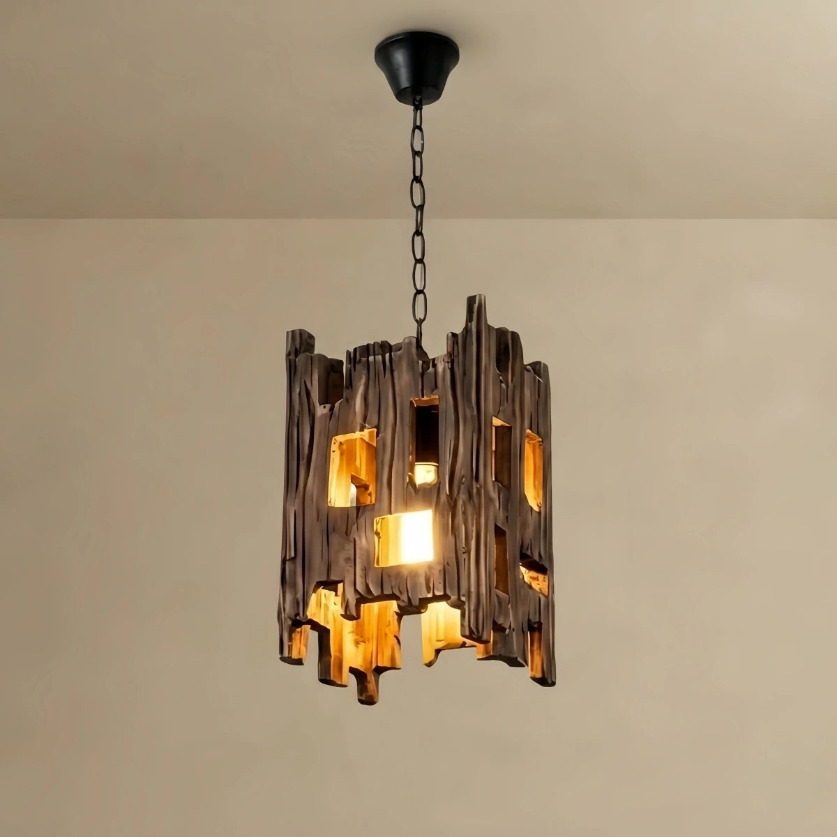 Lámpara colgante rústica de madera Zenno - Rectangular, ideal para comedor o dormitorio.