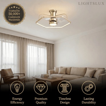 Excelis Geometric Ceiling Light with Fan – Gold Aluminum Frame Integrated LED for Living Room
