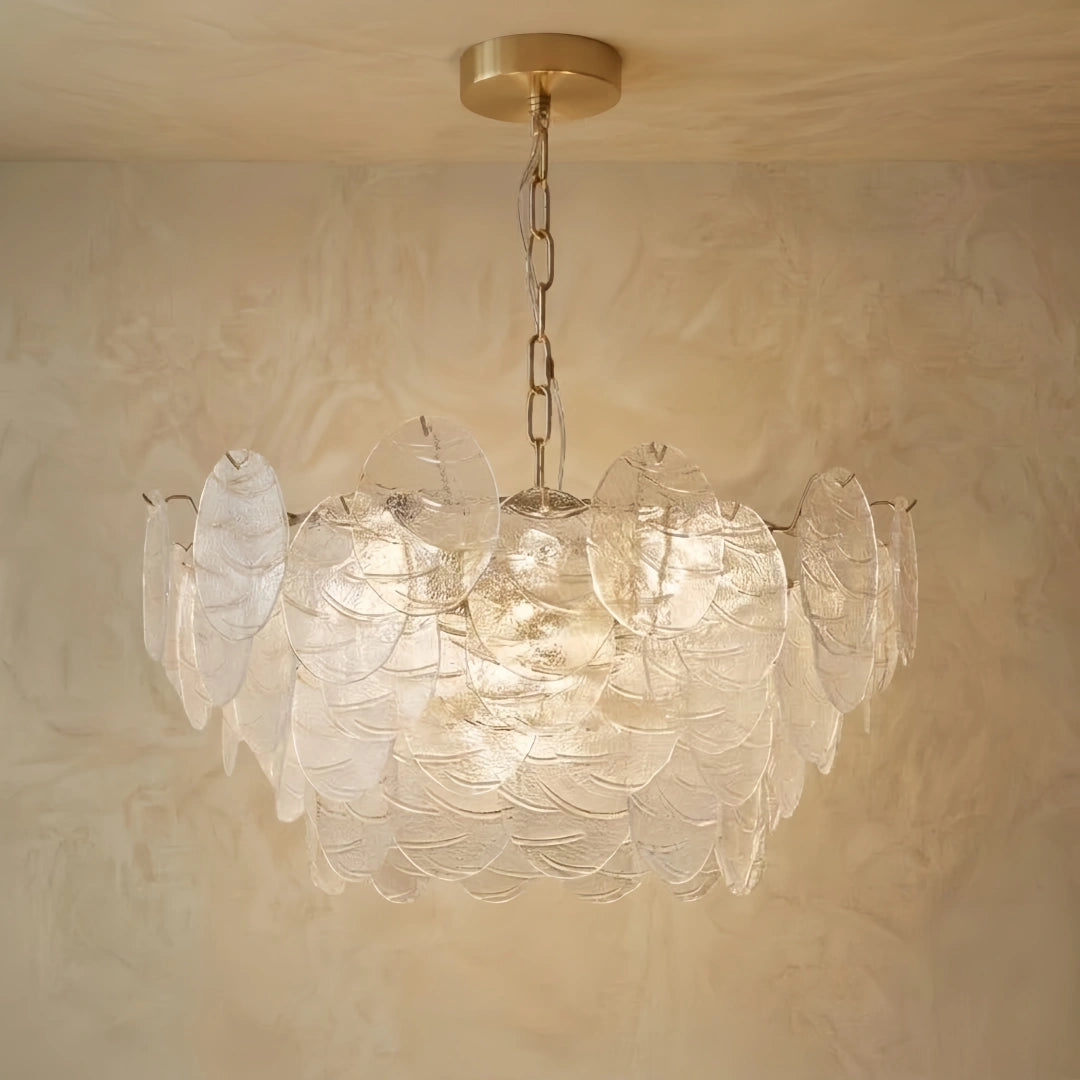 Modern Gold Chandelier — Rippled Wavy Glass Panels & Iron Frame for Living Room