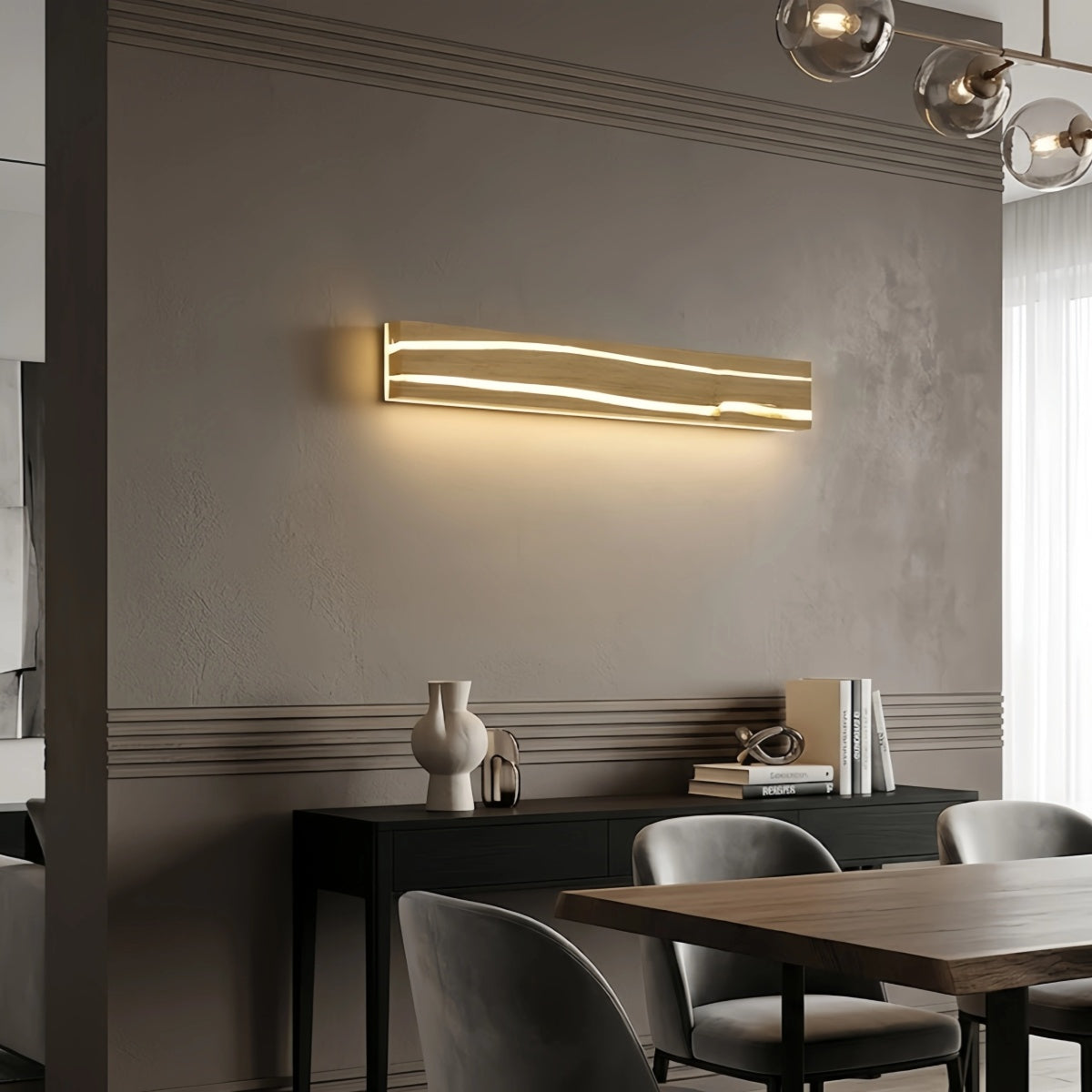 Lámpara de pared LED moderna Arcato - Rectangular lineal de madera y metal para dormitorio
