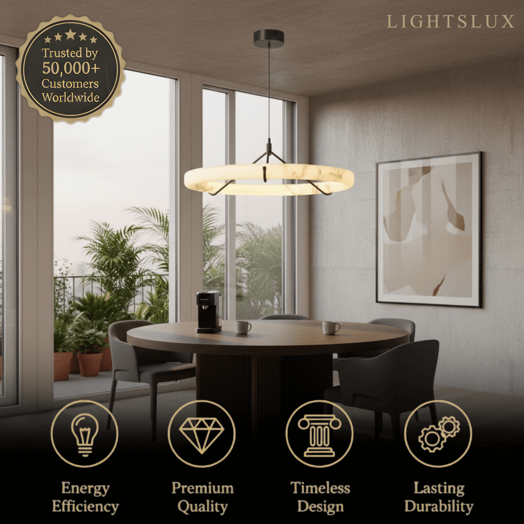 Pendant Lamp — Hand-Carved Stone & Black Metal for Dining Room